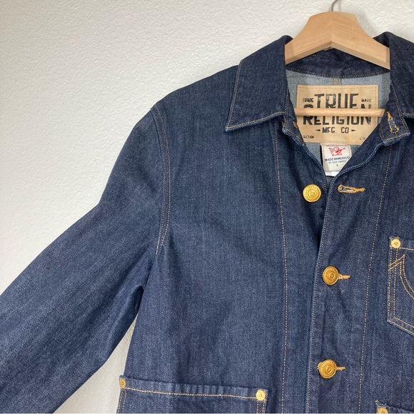 True Religion Denim Jacket Womens Large Button Up Collared Trucker Dark Wash - Picture 5 of 16